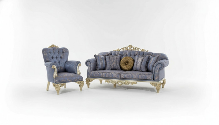 Sofa 3 Sëtzer Textil Sessil Couch Polster Miwwelen 3+1 Dräi-Sëtzer Blo