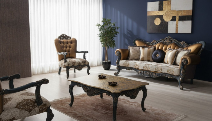 Grënnerzäit Miwwelen Klassesch Canapé Garnitur Couch Chesterfield 3+1+ Dësch