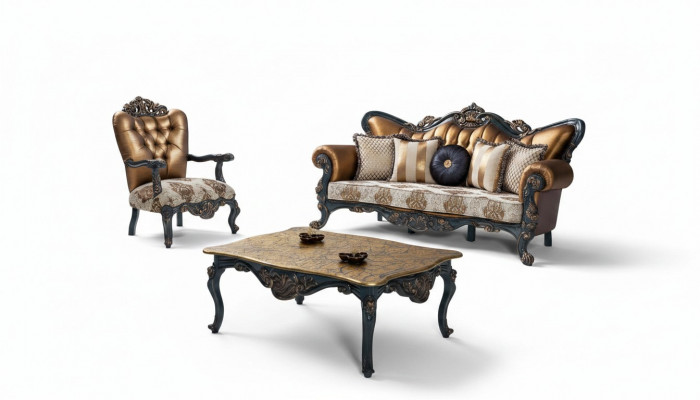 Grënnerzäit Miwwelen Klassesch Canapé Garnitur Couch Chesterfield 3+1+ Dësch