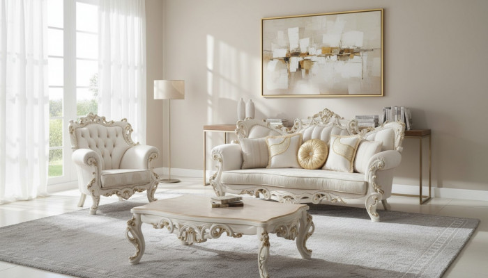 Chesterfield Sofa Polster Garnitur 3+1 Sëtz Wäiss Textil Dräisëtzer Dësch.