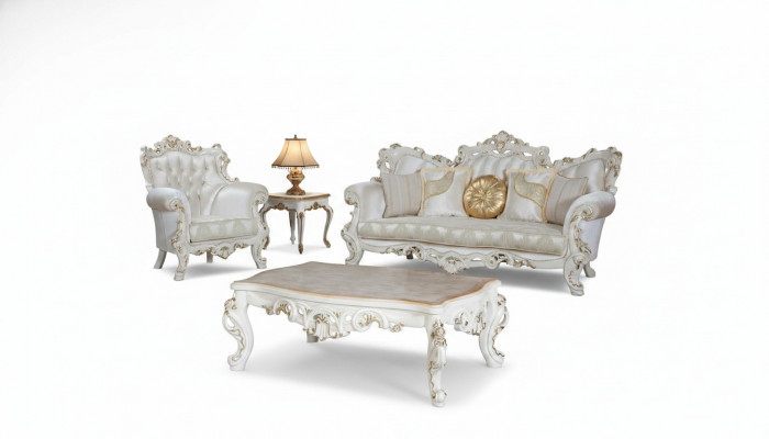 Chesterfield Sofa Polster Garnitur 3+1 Sëtz Wäiss Textil Dräisëtzer Dësch.