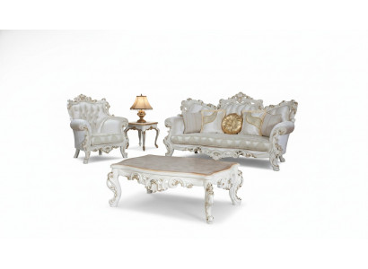 Chesterfield Sofa Polster Garnitur 3+1 Sëtz Wäiss Textil Dräisëtzer Dësch.