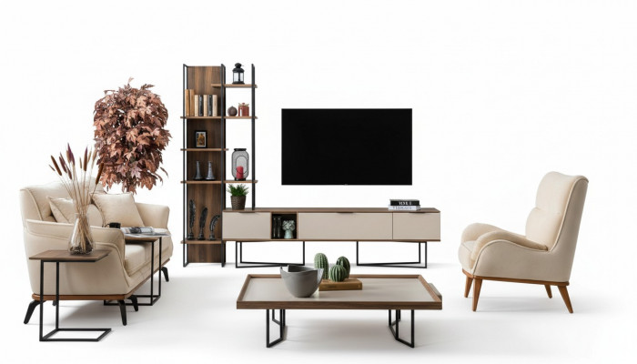 Wunnwand Wunnzëmmer Miwwel TV Ständer Bicherregal 240cm Holz Wunnwänn