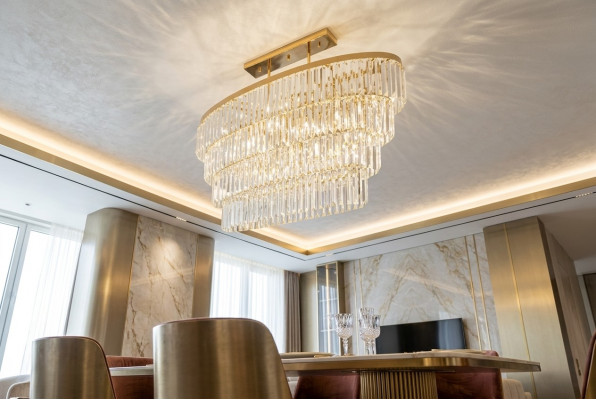 Kiischteleefer Plafongs Hänklampe Luxus Kristall Gold Wunnzëmmer Kiischteleefer