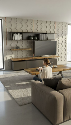 Modernt TV-Stänn mat Wandregaler, Luxus Späicherschief, Natur Walnuss