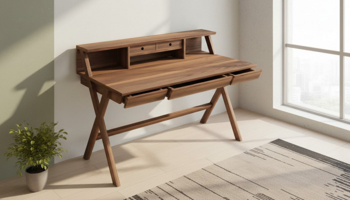 Massivholz Schreifdësch Holzmiwwelen Modernen Computerdësch mat Tirängen