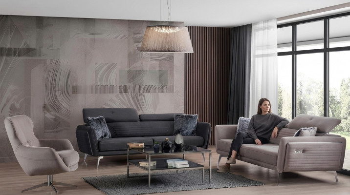 Sofagarnitur Couch Polster Miwwelen Stoff Sofa Couchen 3+3+1 Gri Grupp