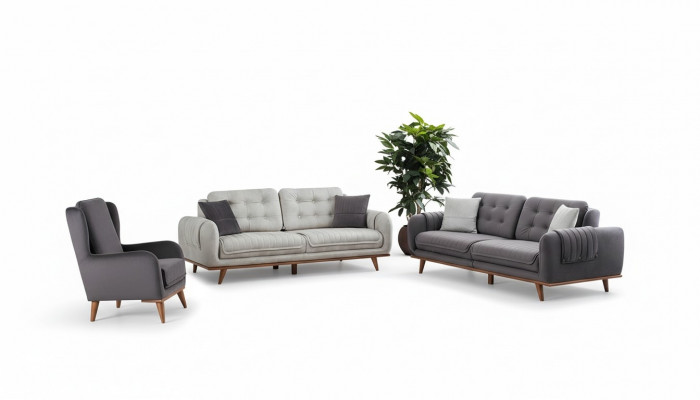 Sëtzgrupp 3 + 3 + 1 am modernen Stil mëttelweichen Textil gro Nei