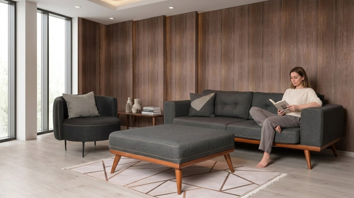 Modern Ecksofa mat Fauteuil Wunnzëmmer Set Luxus Ariichtungsméiwel 3+1