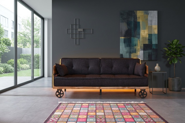 Schwaarz Stoff Couche op Rieder Loft Design mat Holz Korpus Sofa Miwwelen