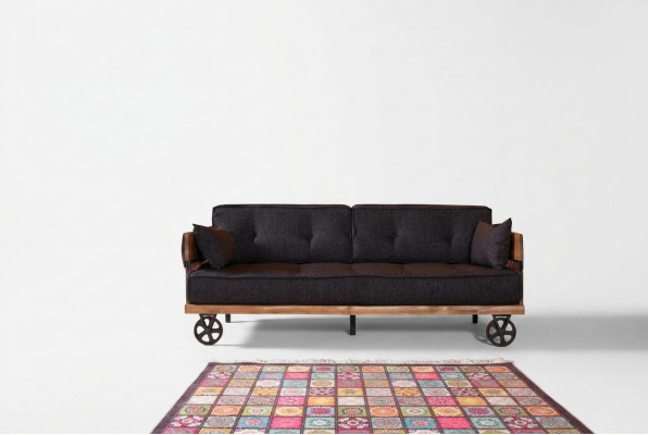 Schwaarz Stoff Couche op Rieder Loft Design mat Holz Korpus Sofa Miwwelen