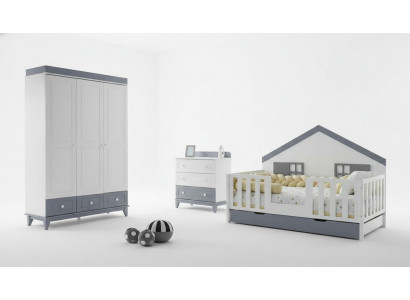 Modernes 3tlg Kinderzimmer Set Hausbett Kleiderschrank & Kommode