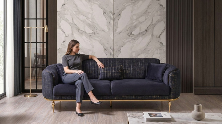 Luxus Sofa 3 Sëtzer Wunnzëmmer Blo Modern Sofa Dräisëtzer Miwwelen