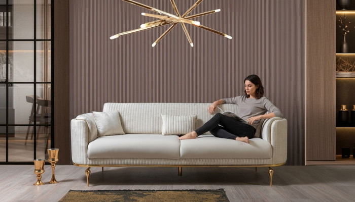 Modern Zëmmer Sofa Luxus wäiss Sofas Gepolstert Sëtz 3 Sëtzplazen