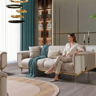 Luxus Sofa 3 Sëtzer Wunnzëmmer Beige Modernen Design 234cm Sofas Miwwelen