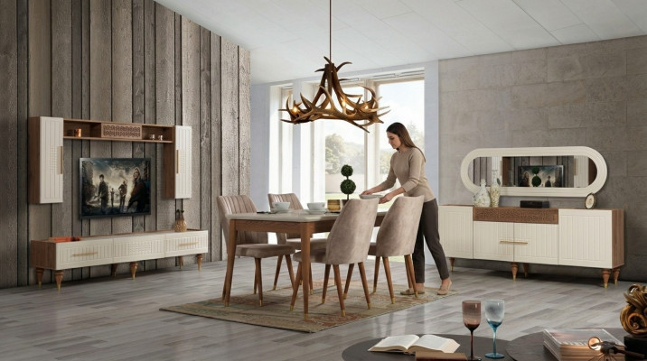 Komplett Wunnzëmmer Set + Iesszëmmer Garnitur Dësch Regal Kommod 6tlg.