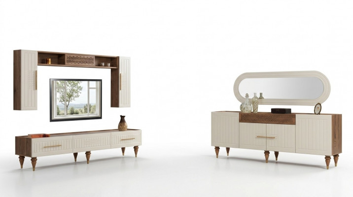 Komplett Wunnzëmmer Set + Iesszëmmer Garnitur Dësch Regal Kommod 6tlg.