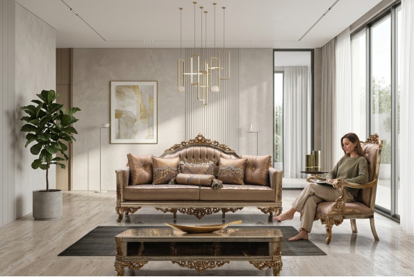 Sofa Set 3+1 Sëtzer Gold Couchtisch Sofagarnitur Wunnzëmmer Luxus Nei