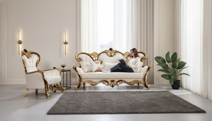 Kinnekslecht Sofa Set 3+1 Sëtz Sofa Fautteuil Klassesch Design Luxus Wunnzëmmer.