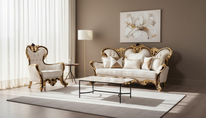 Kinnekslecht Sofa Set 3+1 Sëtz Sofa Fautteuil Klassesch Design Luxus Wunnzëmmer.