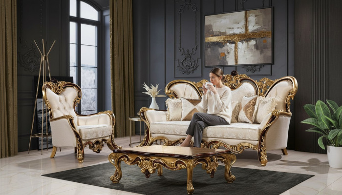 D'Canapé-Set 3+1 Sëtz Gold Couchtisch Klassesch Wunnzëmmer Set 3 tgl.