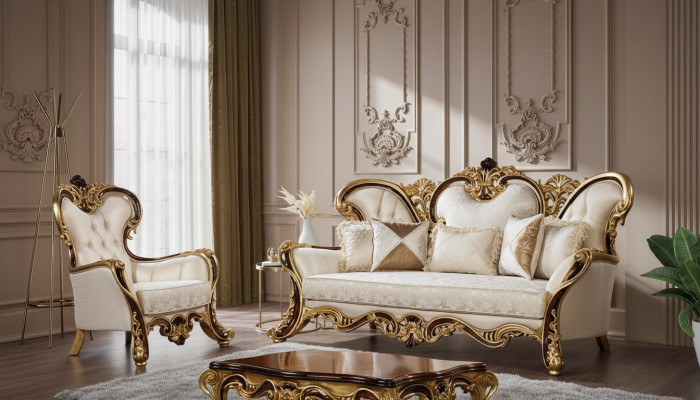 D'Canapé-Set 3+1 Sëtz Gold Couchtisch Klassesch Wunnzëmmer Set 3 tgl.