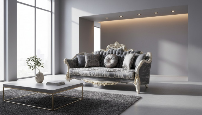 Barock Canapé 3 Sëtz Gro Wunnzëmmer Klassesch Design Canapé Couch Textil