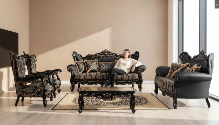 Sofa Set 3+3+1+1 Plaz Couchtisch Wunnzëmmer Luxus Schwaarz Sofagarnitur Nei