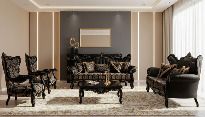 Sofa Set 3+3+1+1 Plaz Couchtisch Wunnzëmmer Luxus Schwaarz Sofagarnitur Nei