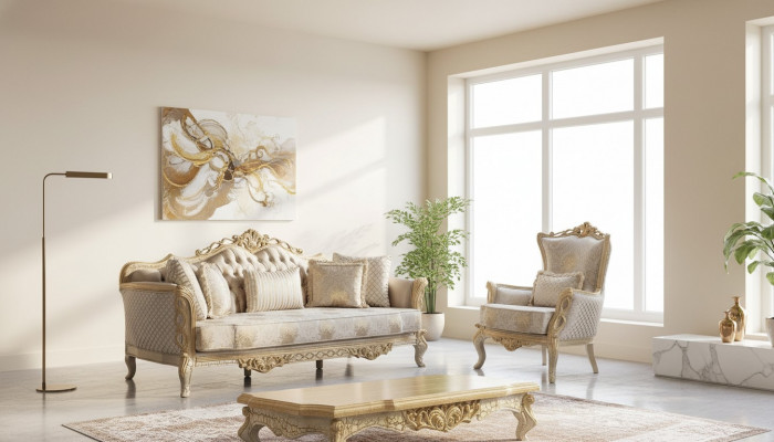 Kinneksch Canapé Set Wunnzëmmer Fauteuil Kaffisdësch 3+1 Dësch