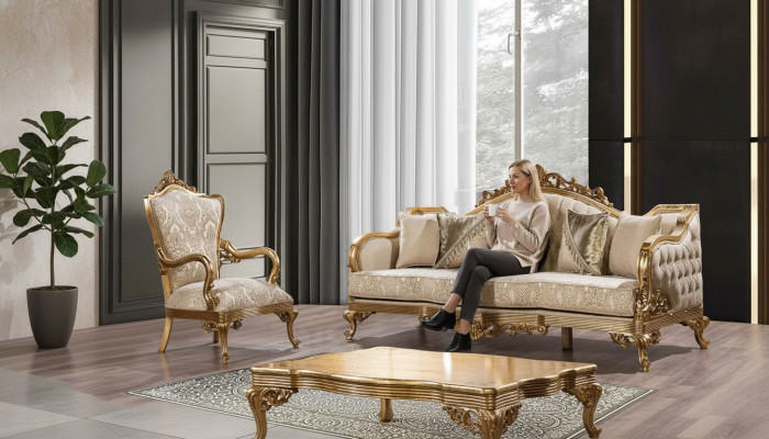 Gëllene Canapé Klassesch Sofa-Garnitur Gepolstert Miwwelen 3+1 Couchdësch Stoff