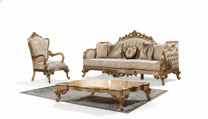 Gëllene Canapé Klassesch Sofa-Garnitur Gepolstert Miwwelen 3+1 Couchdësch Stoff