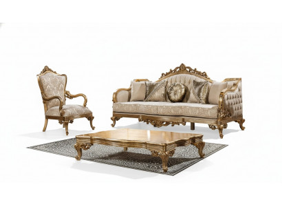 Gëllene Canapé Klassesch Sofa-Garnitur Gepolstert Miwwelen 3+1 Couchdësch Stoff