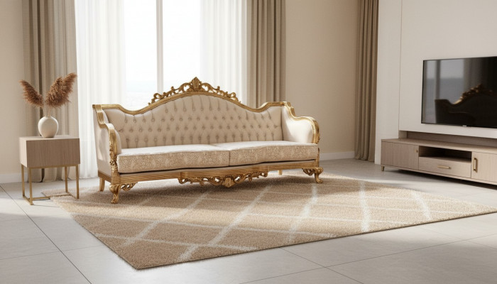 Dräisëtzegt klassescht barockt Rokoko-Polstersofa an Goldholzqualitéit.