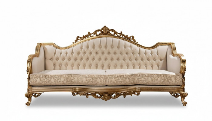 Dräisëtzegt klassescht barockt Rokoko-Polstersofa an Goldholzqualitéit.