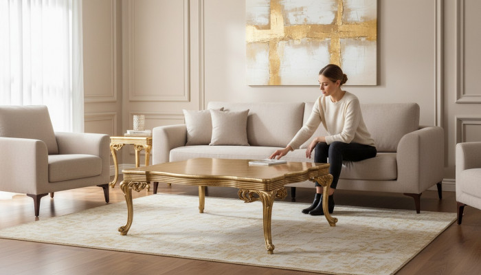 Barock Rokoko Gold Massivholz Dësch fir d'Wunnzëmmer