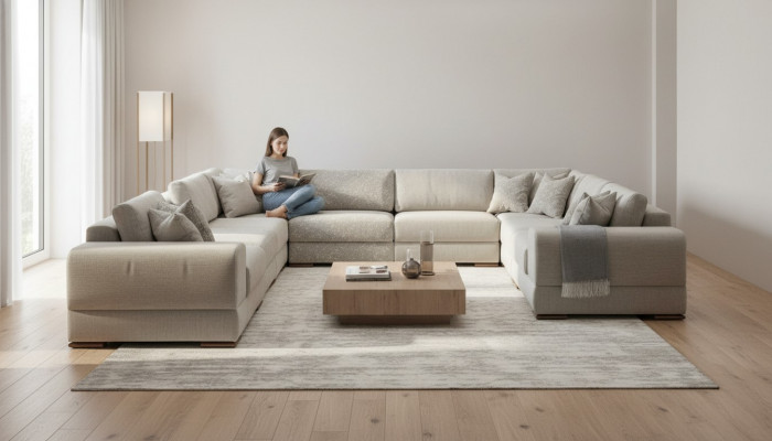 Ecksofa U-Form Grau Sofa Canapé Luxus Design Miwwel Wunnlandschaft Stoff.