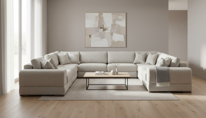 Ecksofa U-Form Grau Sofa Canapé Luxus Design Miwwel Wunnlandschaft Stoff.