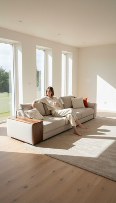 Komfortabel 5-Sëtz Sofa an einfachem Beige a modernen Design.