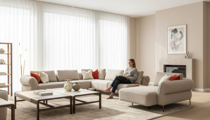 Ecksofa U-Form Beige Luxus Wunnzëmmer Modern Polstersofa Nei