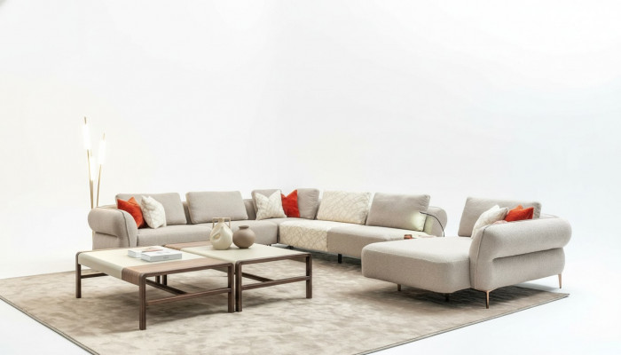 Ecksofa U-Form Beige Luxus Wunnzëmmer Modern Polstersofa Nei