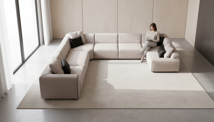 Eckcouch an U-Form Wunnzëmmer Canapé Couch Beige Polstercanapé Wunnlandschaft