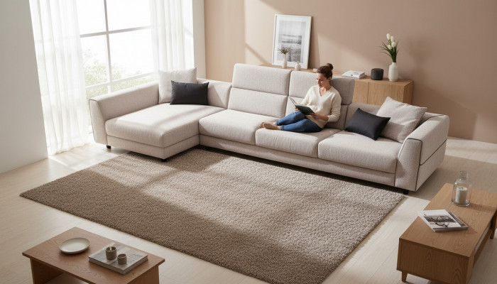 Beige L-förmeg Eckcanapé Wunnzëmmer Couch Textil Designer Modern