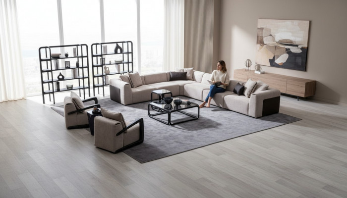 Modern Sofagarnitur L-Form Canapé mat Fauteuil Gro Ecke Canapé Textilsofa
