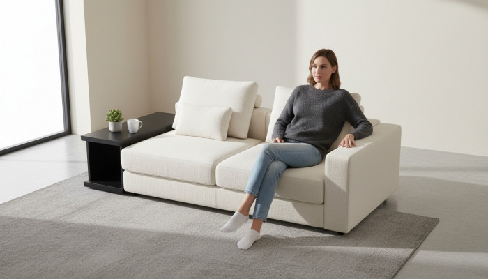 Wäissen Luxus Dräisëtzer Polstersofa Wunnzëmmerariichtung Textilsofaen