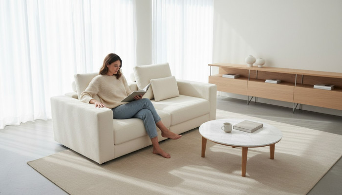 Wäisst Polstersofa Modern Couch Dräisëtzer Textiliwwel Holzgestell Nei