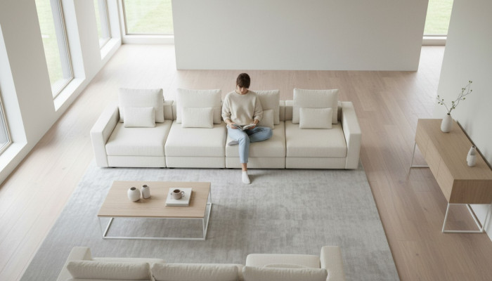 Wäiss sechs-Sëtz Luxus Textil Sofas Wunnzëmmer Modern Sëtzgrupp