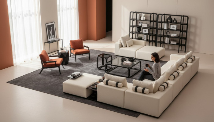 Moderne wäiss Sofagarnitur Ecksofa Wunnlandschaft Still 4-tëlleg Stoff Sofa