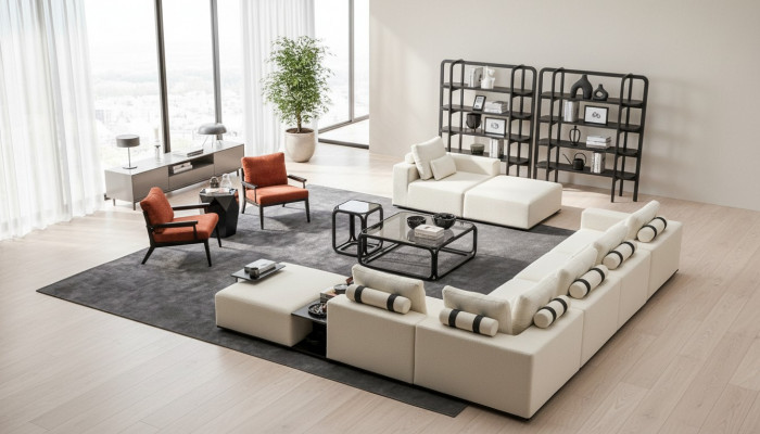 Moderne wäiss Sofagarnitur Ecksofa Wunnlandschaft Still 4-tëlleg Stoff Sofa