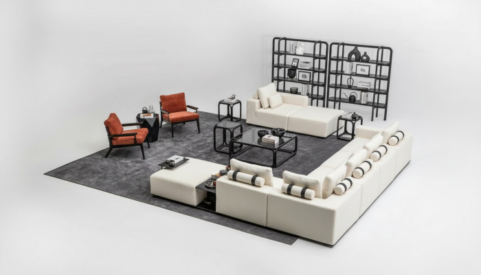 Moderne wäiss Sofagarnitur Ecksofa Wunnlandschaft Still 4-tëlleg Stoff Sofa